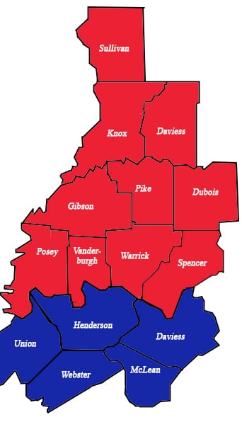 Map of Indiana and Kentucky Counties. Sullivan, Knox, Daviess, Gibson, Pike, Dubois, Posey, Vanderburgh, Warrick, Spencer Indiana Counties. Kentucky counties Union, Henderson, Daviess, Webster, McLean. 