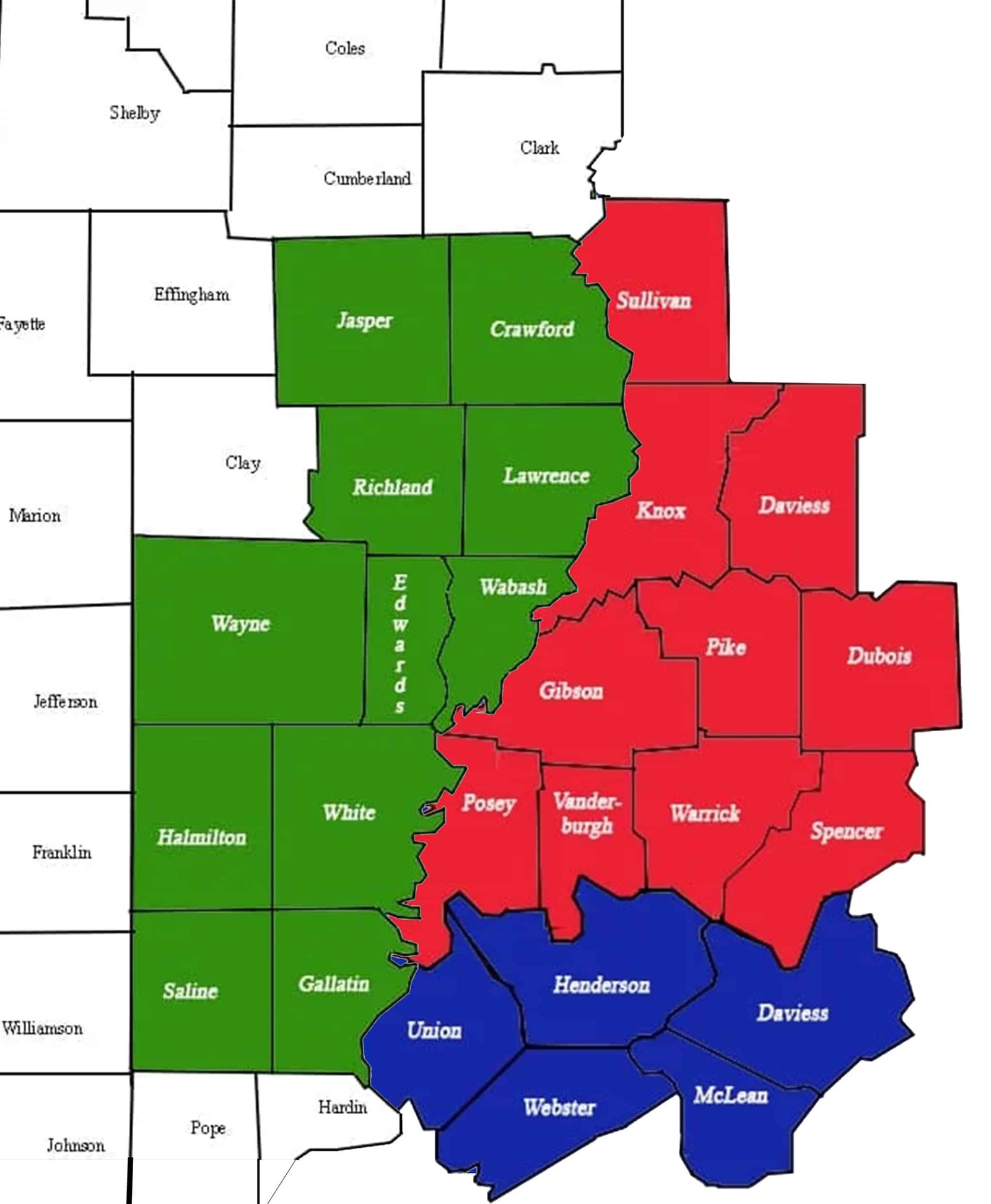Map of Southeast Illinois in green southwest indiana in red and kentucky in blue