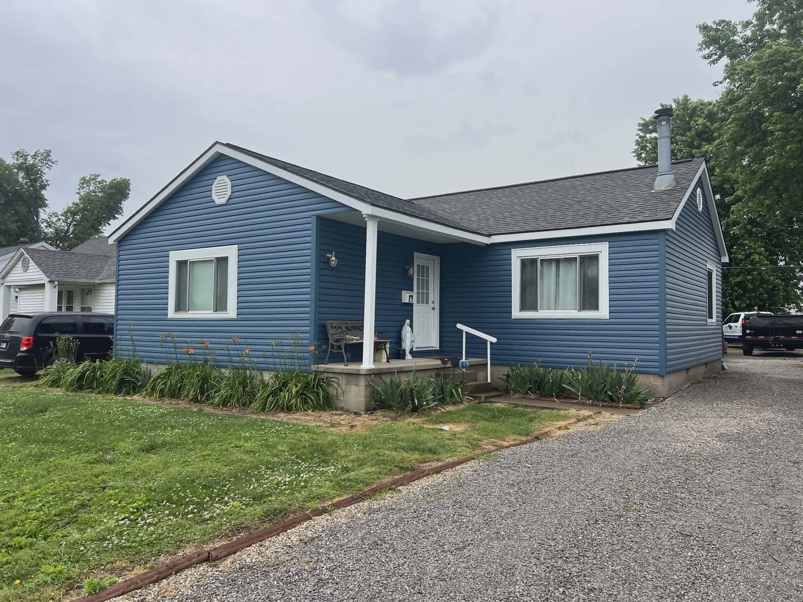 blue siding on a small home